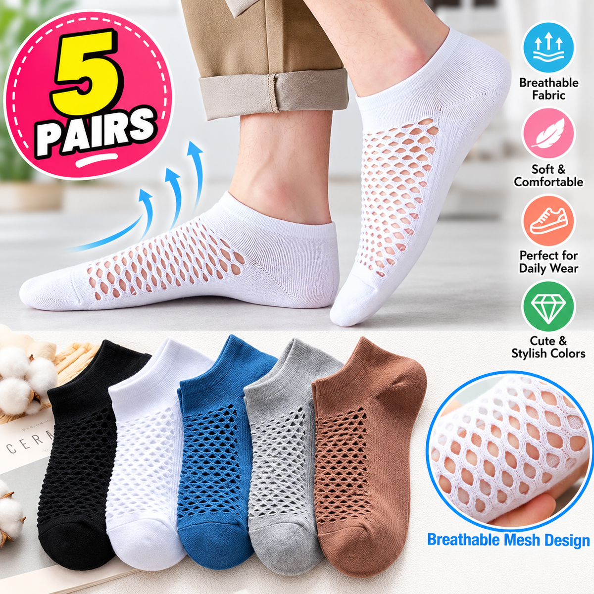5 Pairs Breathable Mesh Ankle Socks – Soft & Comfortable