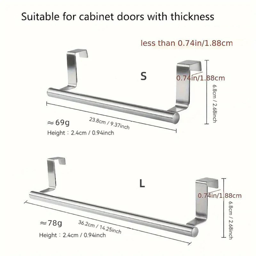No-Drill Stainless Steel Towel Bar – Over Cabinet Door Towel Holder for Kitchen & Bathroom