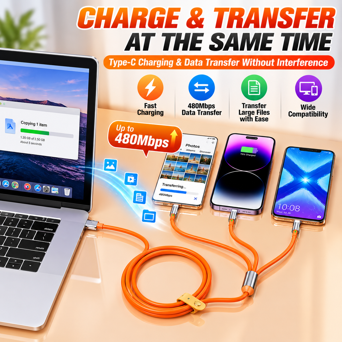 120W Zinc Alloy 3-in-1 Fast Charging Cable