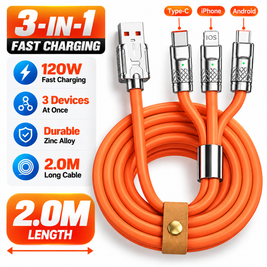 120W Zinc Alloy 3-in-1 Fast Charging Cable