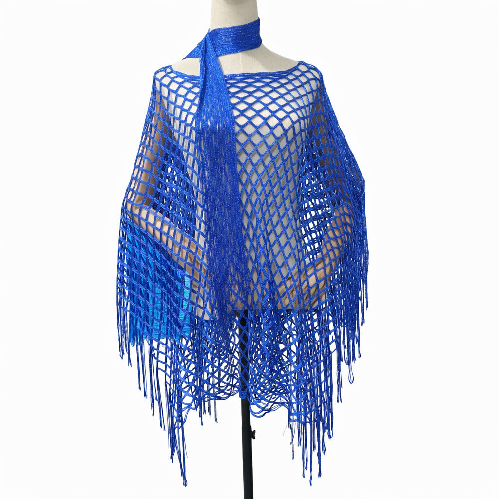 Women’s Hollow-Out Fishnet Tassel Poncho + Scarf,Metallic Crochet Cover-Up