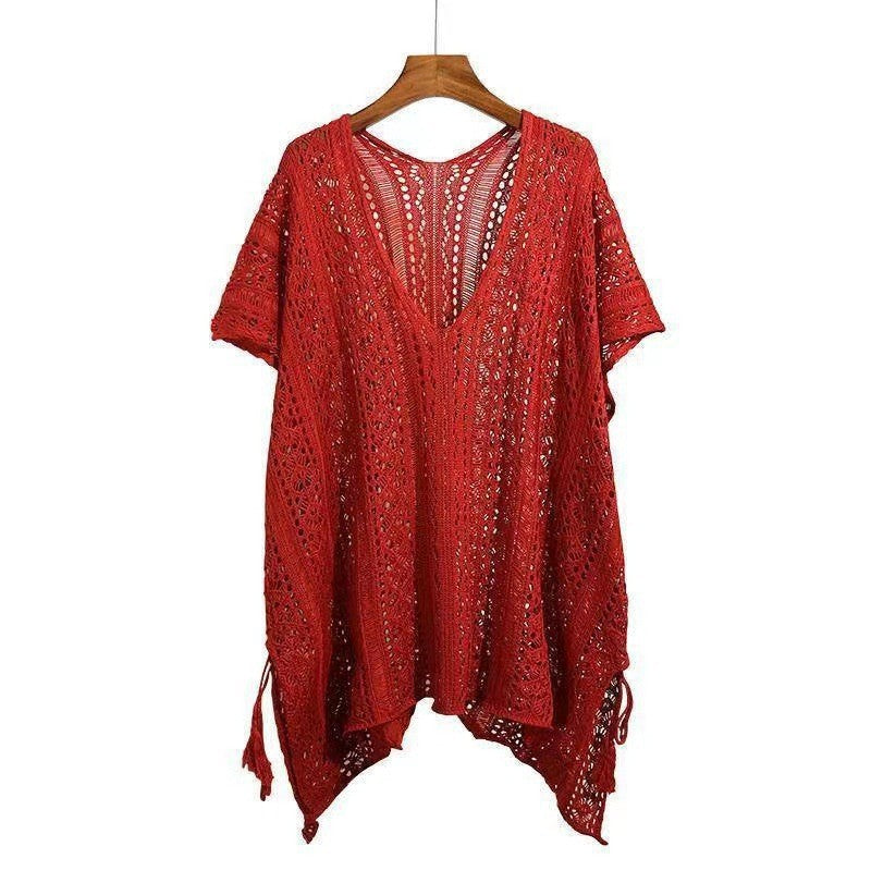 Women’s Hollow-Out Lace-Up V-Neck Knit Batwing Sleeve Top – Loose Mid-Length Cover-Up
