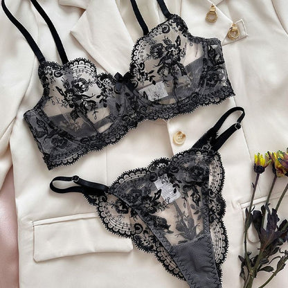 French-style lace ultra-thin sexy see-through push-up lingerie set