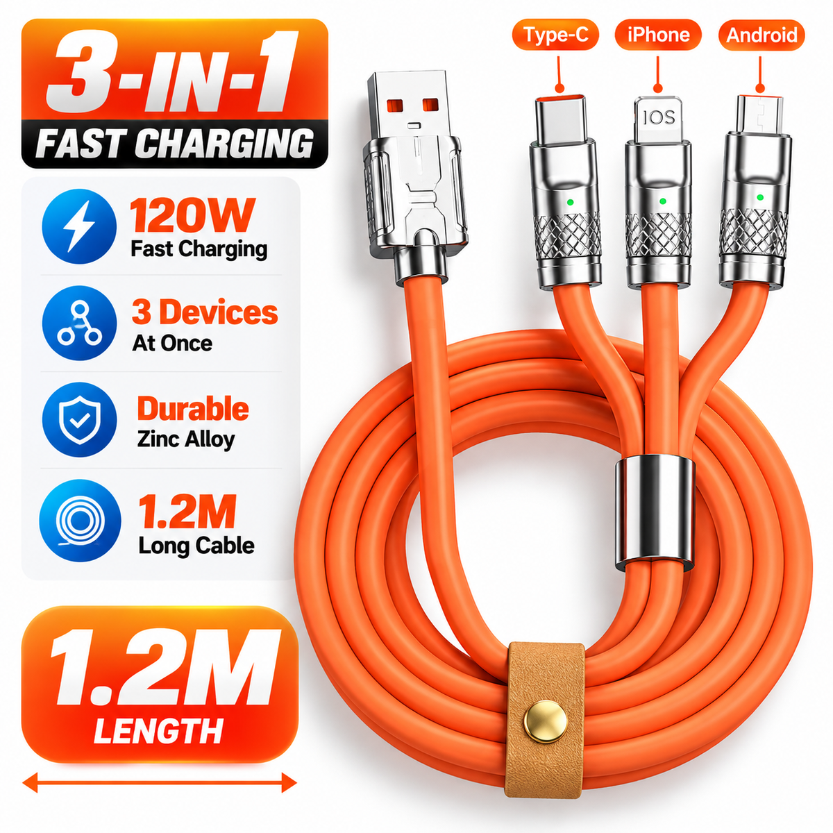 120W Zinc Alloy 3-in-1 Fast Charging Cable