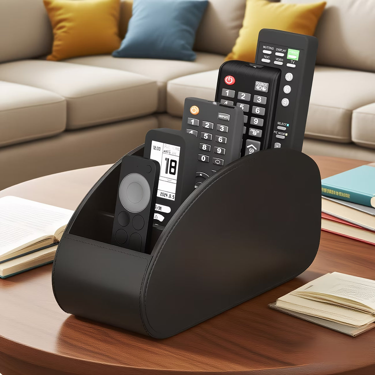 Leather Remote Control Organizer Box with 5 Compartments, Multifunction Curved Desktop Storage Tray