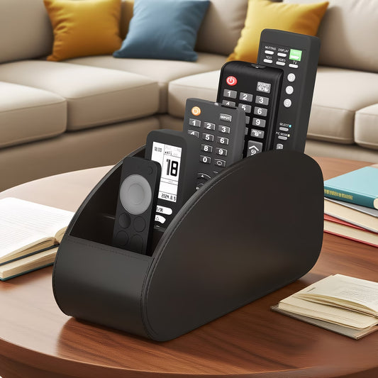 Leather Remote Control Organizer Box with 5 Compartments, Multifunction Curved Desktop Storage Tray