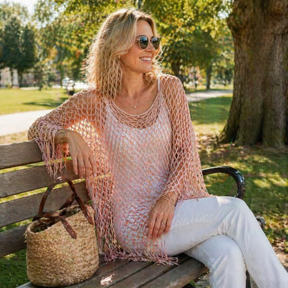 Women’s Hollow-Out Fishnet Tassel Poncho + Scarf，Metallic Crochet Cover-Up