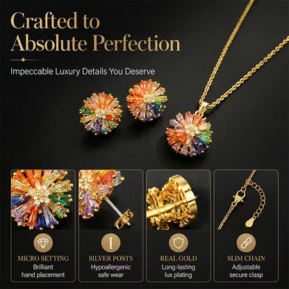 Colorful 18k Firework Stud Earrings & Necklace Set for Women