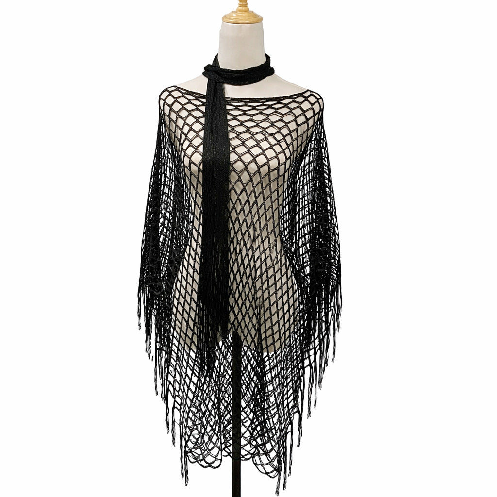 Women’s Hollow-Out Fishnet Tassel Poncho + Scarf，Metallic Crochet Cover-Up