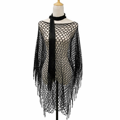 Women’s Hollow-Out Fishnet Tassel Poncho + Scarf，Metallic Crochet Cover-Up