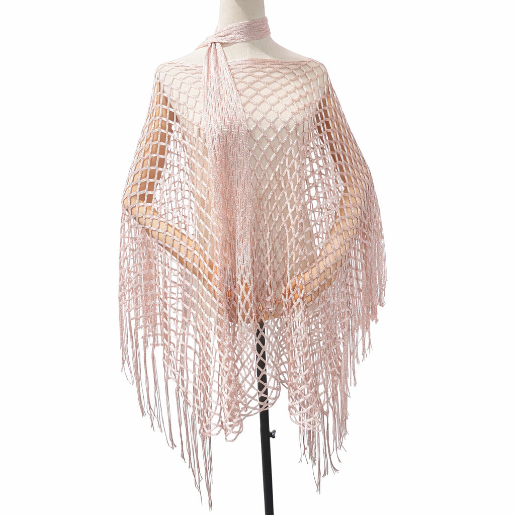 Women’s Hollow-Out Fishnet Tassel Poncho + Scarf，Metallic Crochet Cover-Up