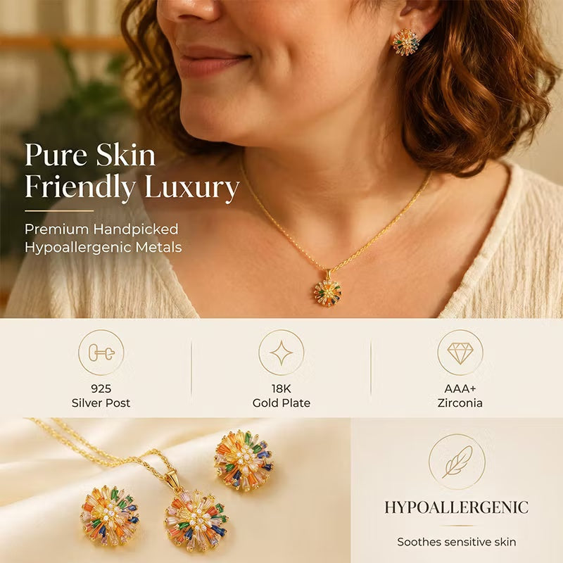 Colorful 18k Firework Stud Earrings & Necklace Set for Women