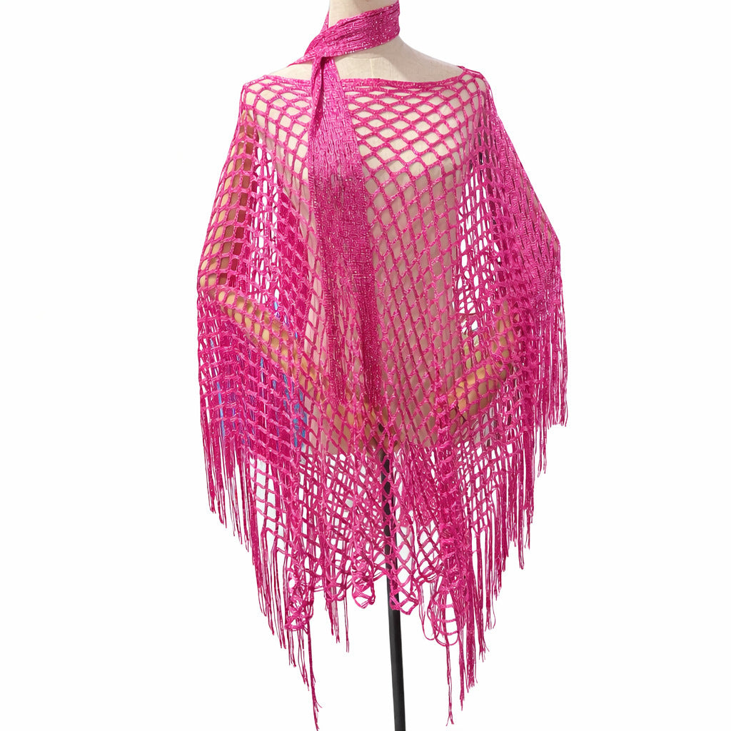 Women’s Hollow-Out Fishnet Tassel Poncho + Scarf，Metallic Crochet Cover-Up