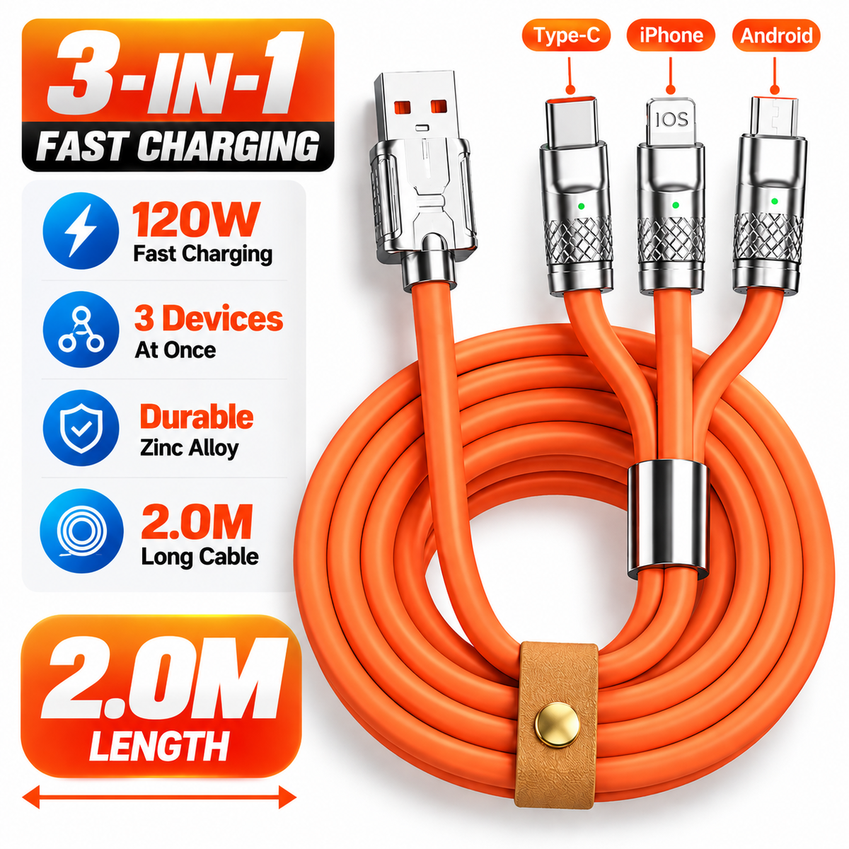 120W Zinc Alloy 3-in-1 Fast Charging Cable