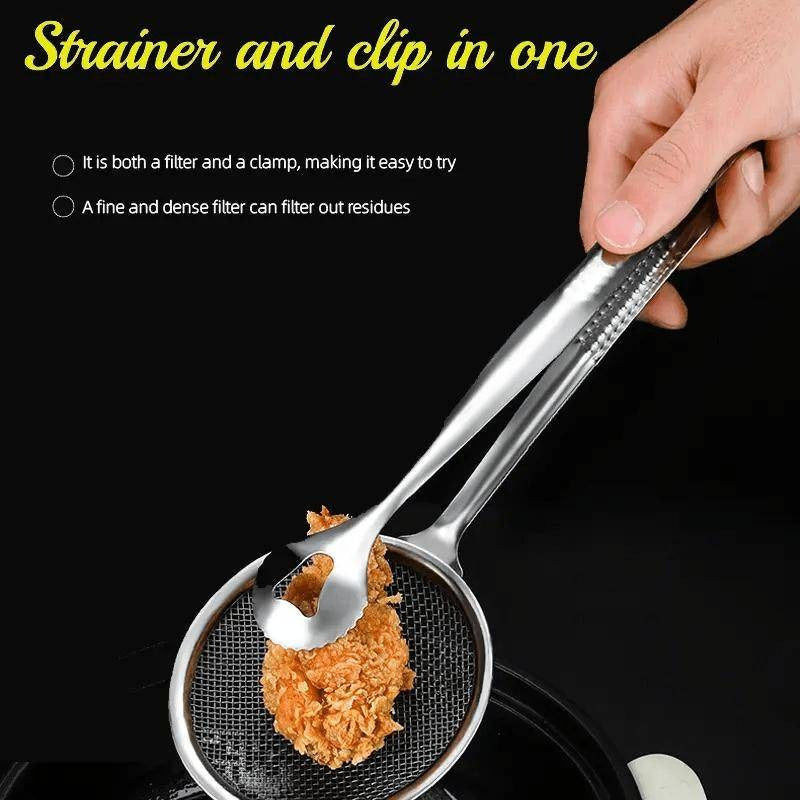 2-in-1 Stainless Steel Food Tongs and Oil Strainer