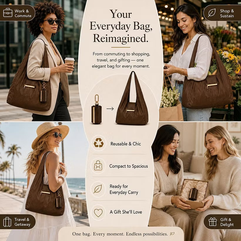 Transformable Bag – Stylish PU with nylon fabric Tote and Keychain Charm