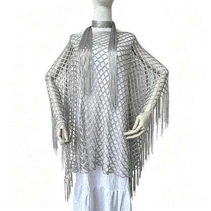 Women’s Hollow-Out Fishnet Tassel Poncho + Scarf，Metallic Crochet Cover-Up