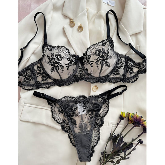 French-style lace ultra-thin sexy see-through push-up lingerie set