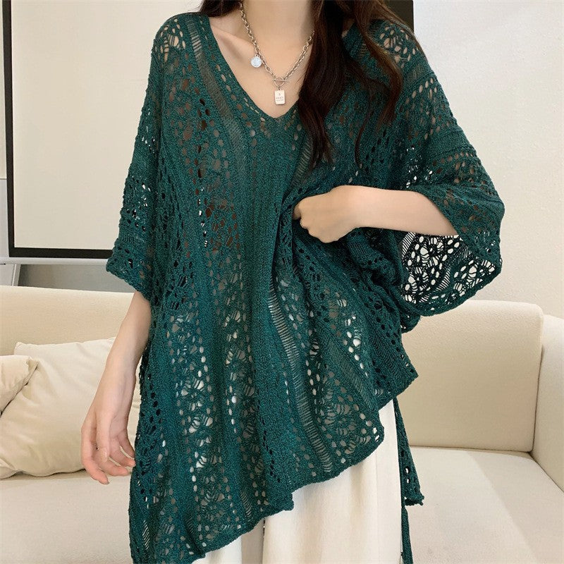 Women’s Hollow-Out Lace-Up V-Neck Knit Batwing Sleeve Top – Loose Mid-Length Cover-Up