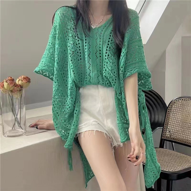 Women’s Hollow-Out Lace-Up V-Neck Knit Batwing Sleeve Top – Loose Mid-Length Cover-Up