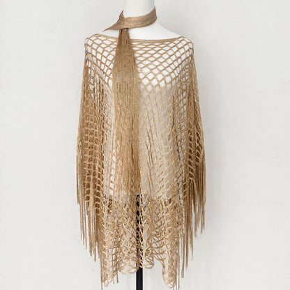 Women’s Hollow-Out Fishnet Tassel Poncho + Scarf，Metallic Crochet Cover-Up