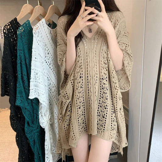Women’s Hollow-Out Lace-Up V-Neck Knit Batwing Sleeve Top – Loose Mid-Length Cover-Up