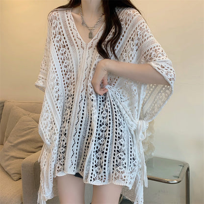 Women’s Hollow-Out Lace-Up V-Neck Knit Batwing Sleeve Top – Loose Mid-Length Cover-Up