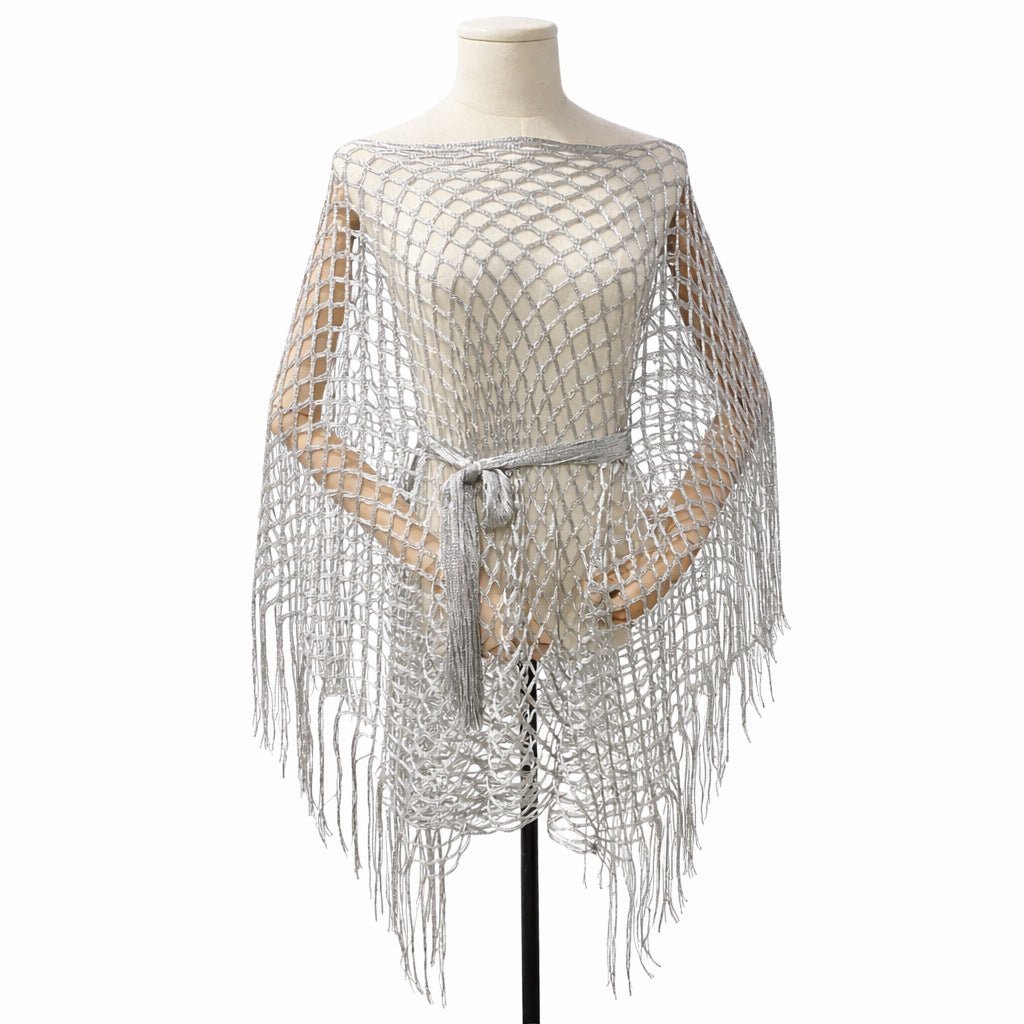 Women’s Hollow-Out Fishnet Tassel Poncho + Scarf，Metallic Crochet Cover-Up