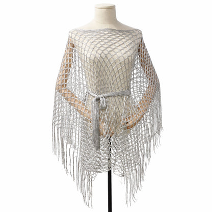 Women’s Hollow-Out Fishnet Tassel Poncho + Scarf，Metallic Crochet Cover-Up