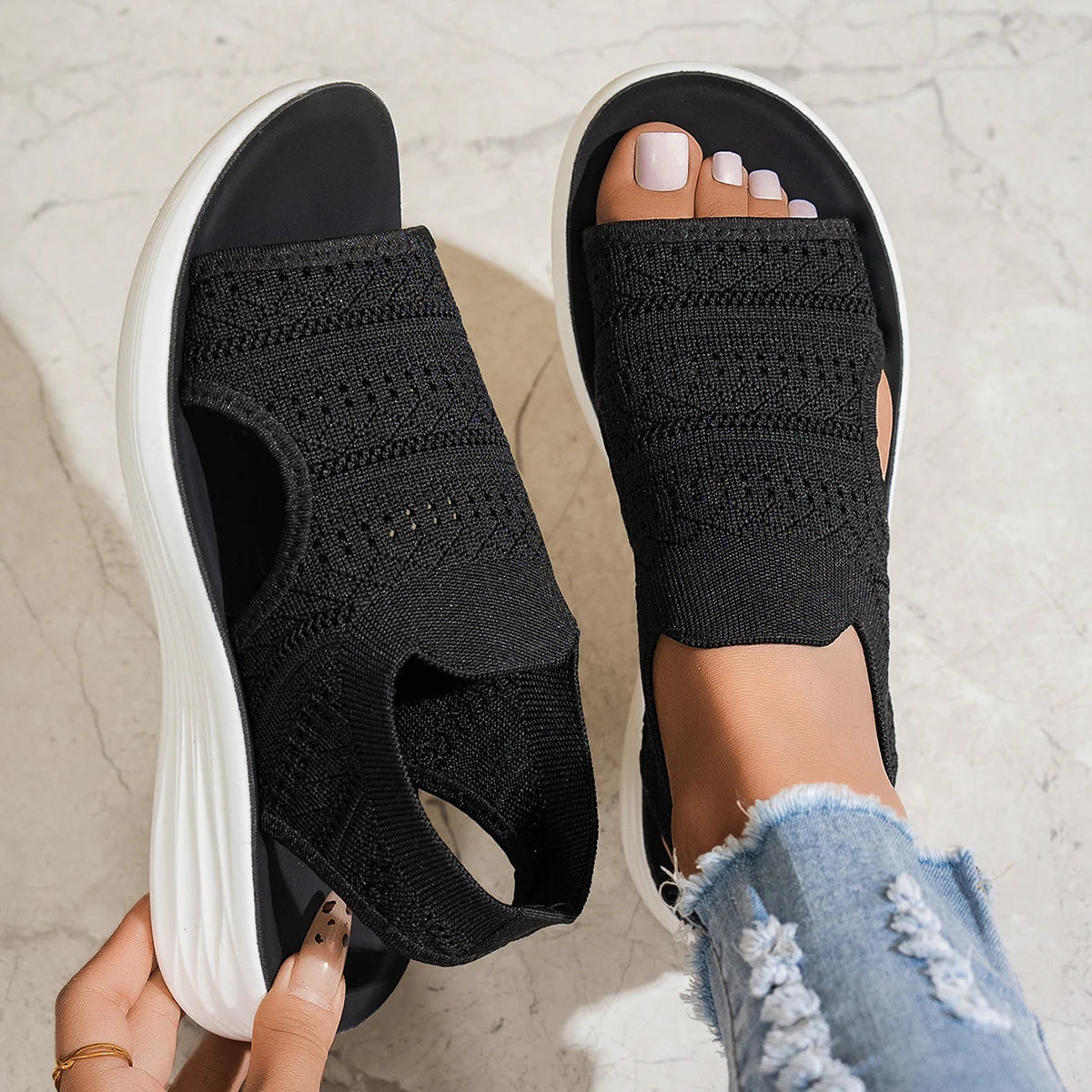 Women's Hollow-Out Knit Platform Sport Sandals