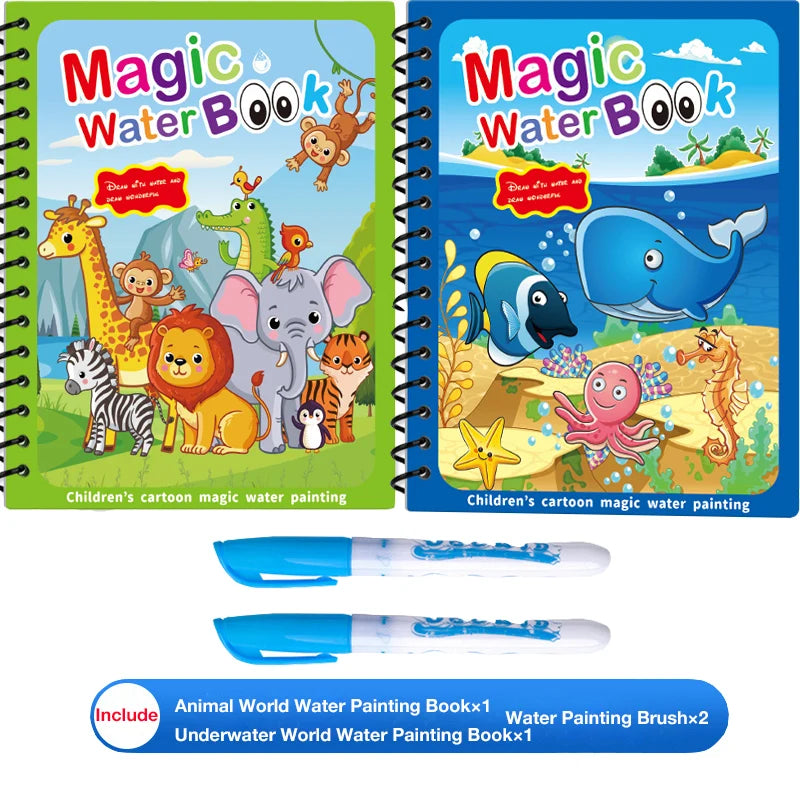 Children's Magic Educational Water Painting Book, Reusable Doodle Drawing Book with Clear Water