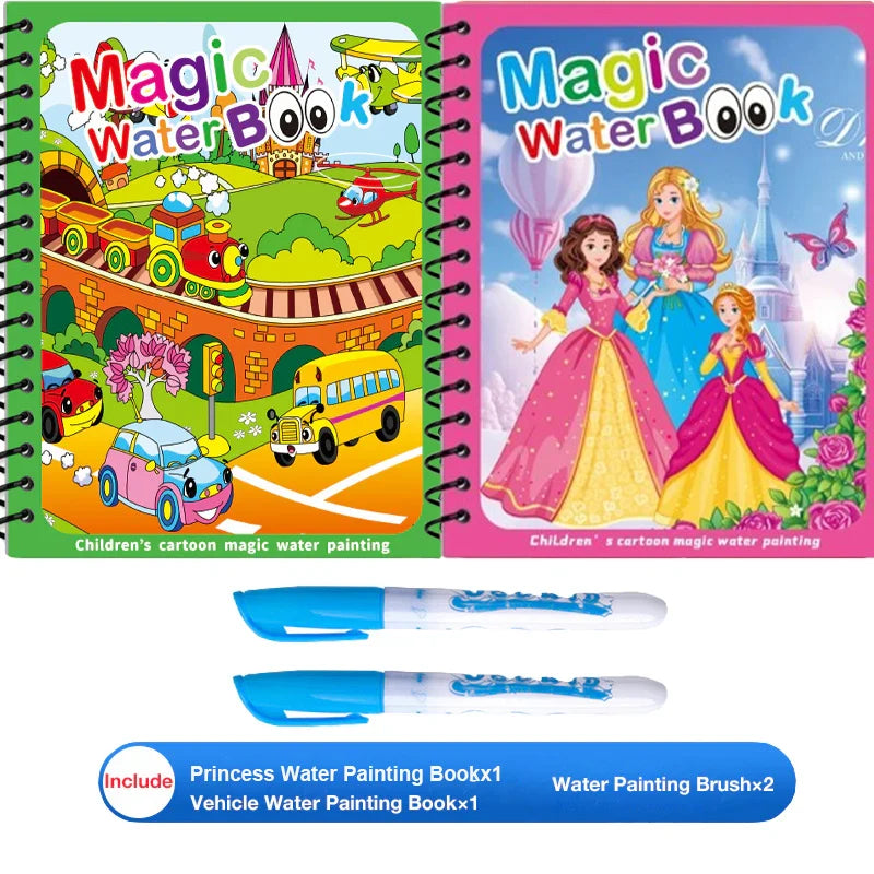 Children's Magic Educational Water Painting Book, Reusable Doodle Drawing Book with Clear Water