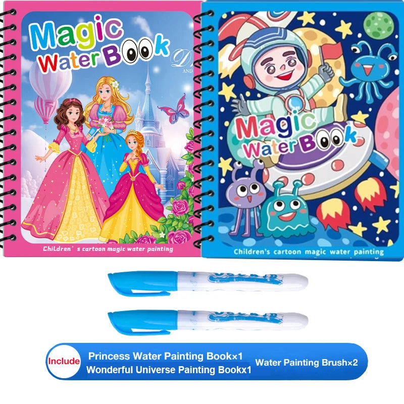 Children's Magic Educational Water Painting Book, Reusable Doodle Drawing Book with Clear Water