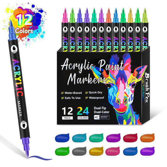 24 Colors Dual Tip Brush Tip AcrylicPaint Pens Markers