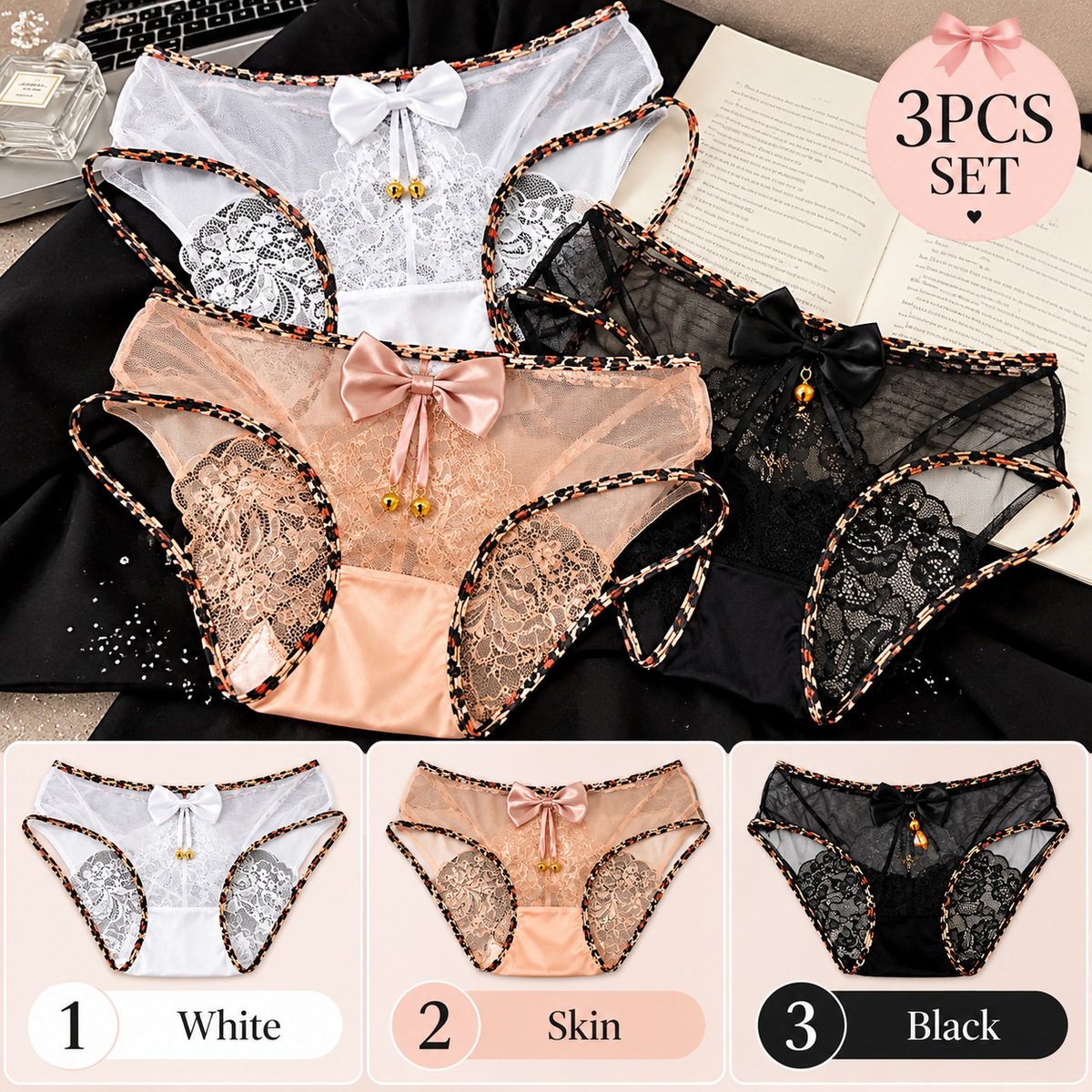 3 packs-Leopard print lace bow panties