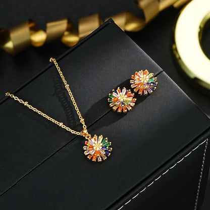 Colorful 18k Firework Stud Earrings & Necklace Set for Women
