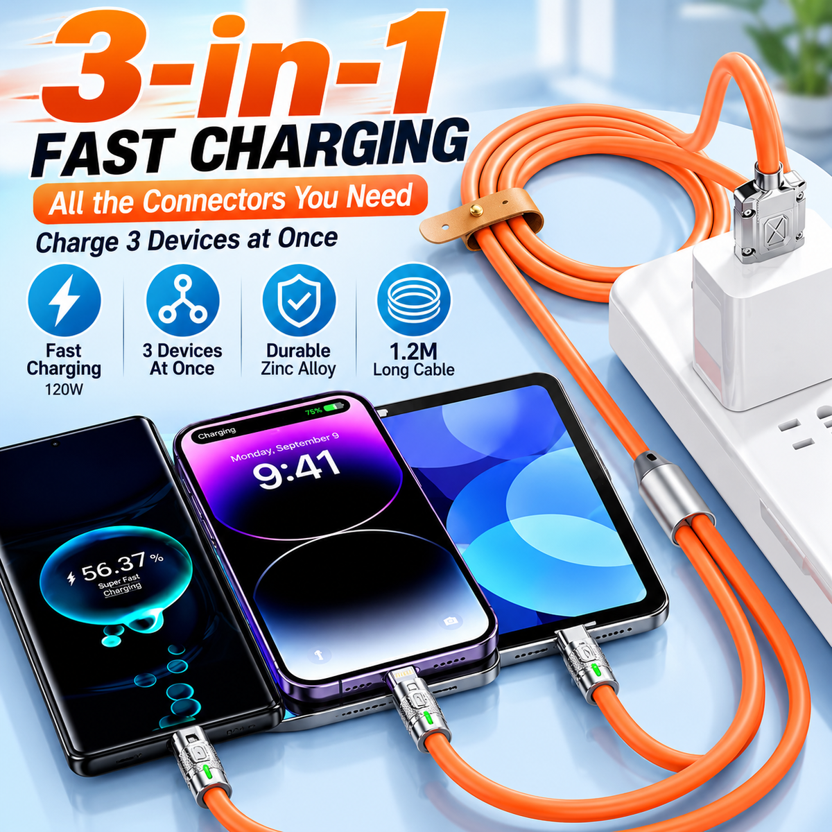 120W Zinc Alloy 3-in-1 Fast Charging Cable