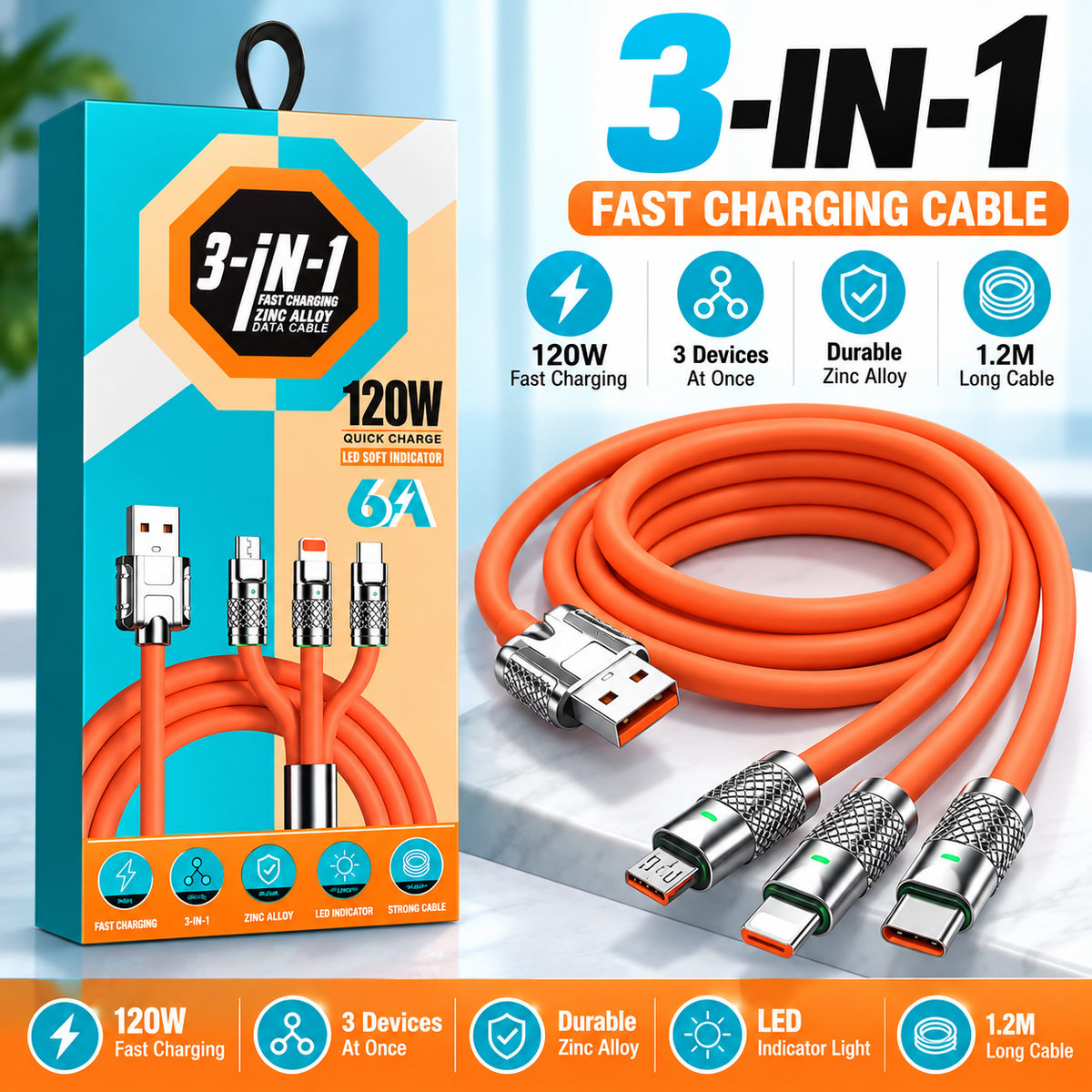 120W Zinc Alloy 3-in-1 Fast Charging Cable