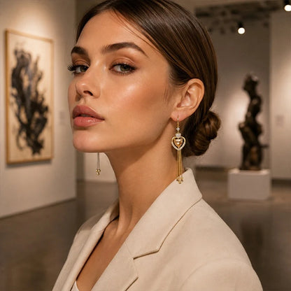 Elegant Heart Tassel Earrings with Sparkling Zircon