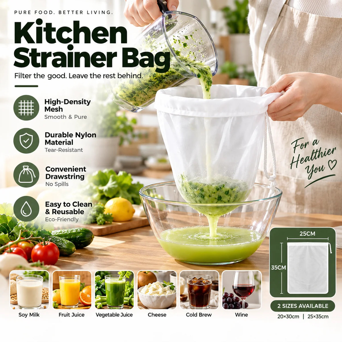 【5 Pcs】Fine Mesh Drawstring Strainer Bag