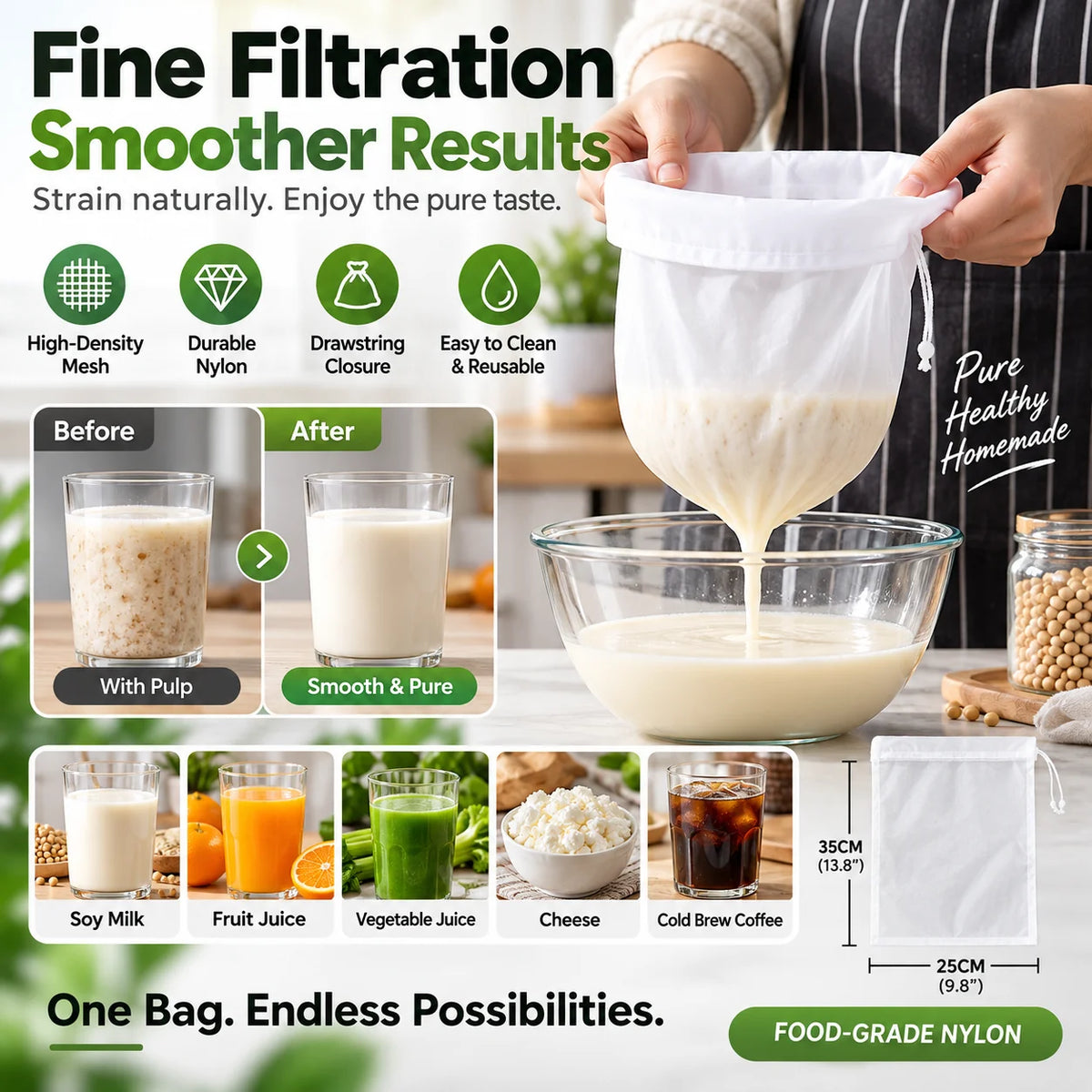 【5 Pcs】Fine Mesh Drawstring Strainer Bag
