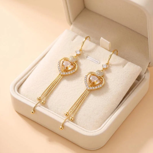 Elegant Heart Tassel Earrings with Sparkling Zircon